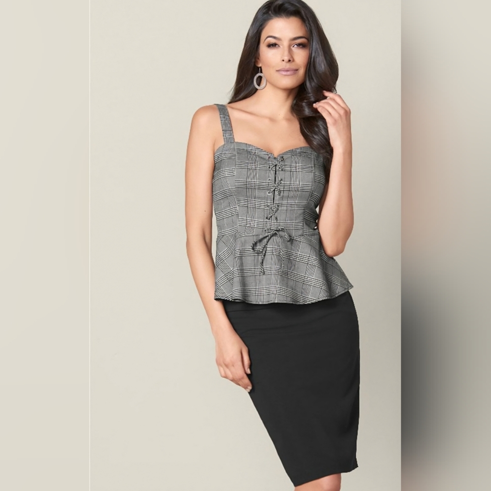 Plaid Lace-Up Peplum Tank Top - Black & White